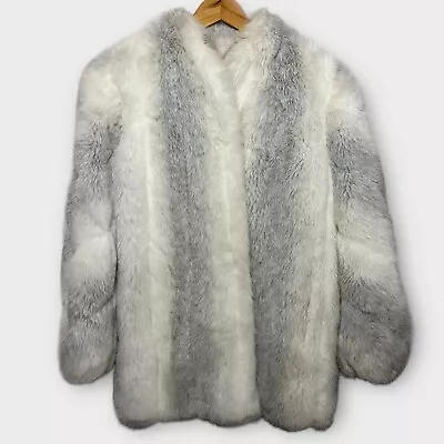 Jordache Vintage 80s Faux Fur White & Gray Padded Shoulders Winter Coat Sz Large • $74.99