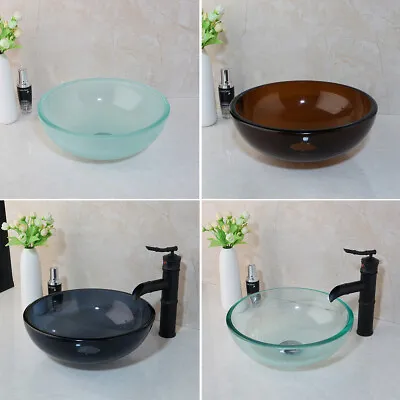 31cm Round Glass Bathroom Basin Bowl Vessel Sink Black Mixer Tap Waste Drain Set • £150