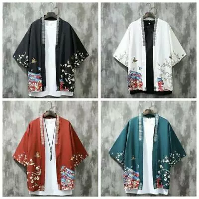 Mens Floral Kimono Cardigan Japanese Loose Coat Yukata Top 3/4 Sleeve Polyester • $33.83