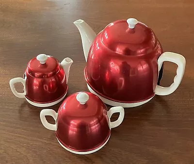Vintage Red Anodised Aluminium Cozy’s On Teapot Creamer Sugar Set RARE • $185