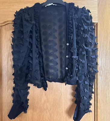 Zara Black Cropped Textured Cardigan Size Small Diamonte Buttons • £15