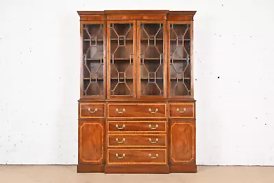 Baker Furniture Carved Mahogany Breakfront Bookcase Cabinet With Secretary Desk • $3995