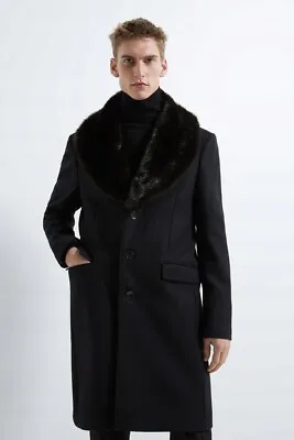 $103.20 • Buy Zara Men Wool Black Coat With Combined Faux Fur Collar 6594/832 Xxl