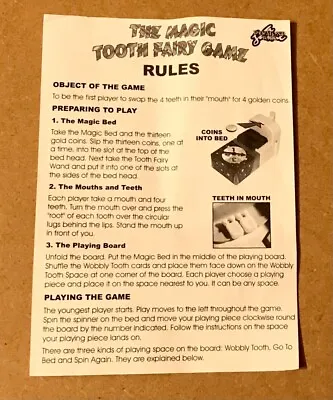 The Magic Tooth Fairy Family Board Game. SPARE RULES/INSTRUCTIONS. • £1.99