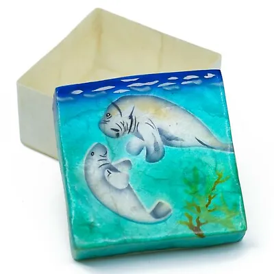 Hand Painted Air Brushed Manatee Pair Capiz Oyster Shell Jewelry Trinket Box 3  • $12.99