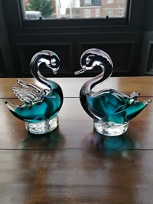 Pair Of Vintage Murano Kingfisher Blue Glass Swans • £14.99