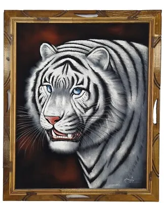 VintageWhite Tiger VTG BLACK VELVET Painting ORTIZ 22.5   X 18  Framed MEXICO • $75