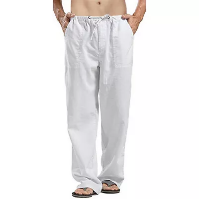 Mens Summer Casual Linen Baggy Pants Soft Cotton Trousers Elastic Waist Loose • $16.88