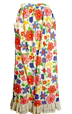 Vintage Handmade Cottagecore Apron Maxi Kitschy FLOWER POWER Pocket Lace  70's • $20.99