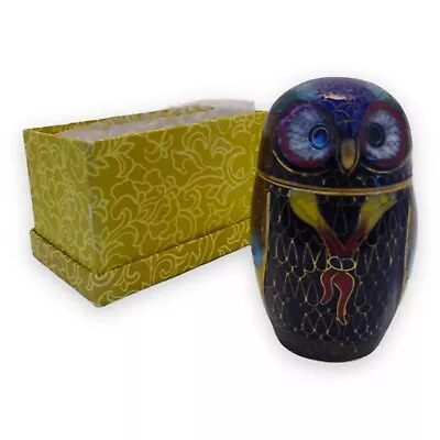 Vintage Cloisonne Enamel Brass Owl Trinket Box Lidded Jar Multicolor 2.5 In Tall • $29.99