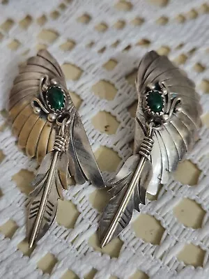 2  Navajo Sterling Silver Feather Earrings Vintage Turquoise  • $39.99