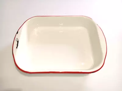 Enamel Baking Pan White W/Red Trim Rectangle Vintage Farmhouse Décor • $16