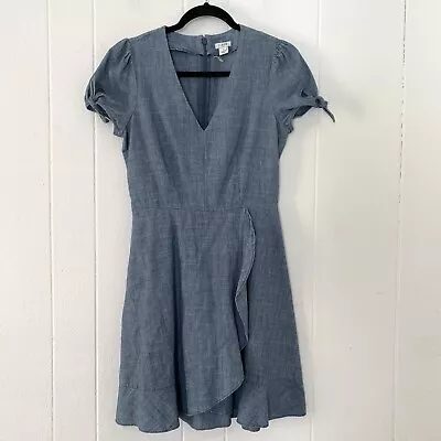 J Crew Womens 0 Dress Chambray Blue Denim Ruffle Short Sleeve V Neck Tie Bows • $14.99