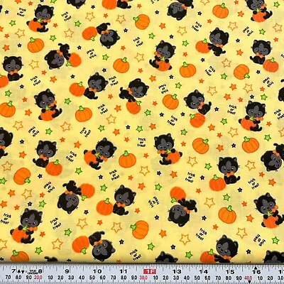 $7 • Buy Vintage Halloween Cats Trick Or Treat Stars On Yellow Cotton By The HALF YARD
