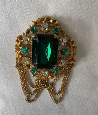 Vtg FLORENZA Glass Emerald Green/Faux Pearl/ Cabochon Dangle Chain Brooch • $100