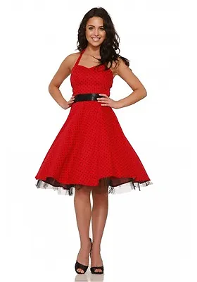 H&R LONDON RED SATIN COCKTAIL HALTER 50s PINUP PUNK RETRO VINTAGE PROM DRESS • $49.99