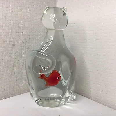 Murano Style Blown Glass Cat With Fish In Belly Figurine Statue 6.25” Tall • $24.95