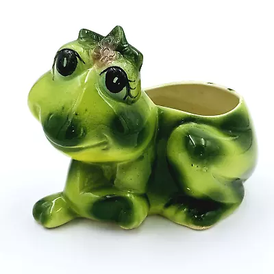 Vintage Green Frog Planter Anthropomorphic  With Eyelashes And Flower Mexico • $19.95