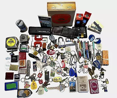 HUGE VTG Junk Drawer Lot Cigar Box Locks&keys Pens Knife Small Tools 100+ Items • $74.95