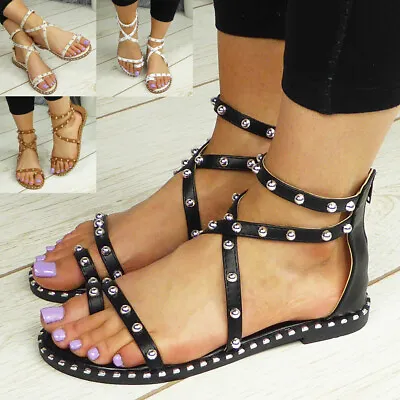 Ladies Gladiator Sandals Shoes Flats Toe Post Strappy Womens Summer Comfy Size • £14.99