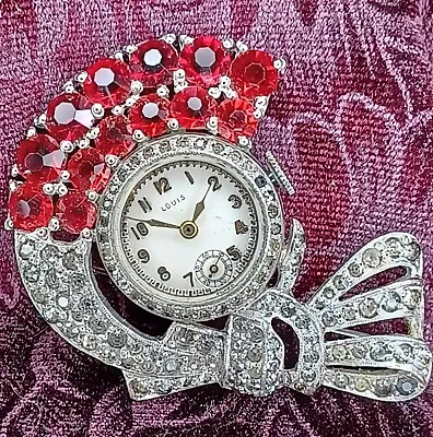 Vintage Louis Watch Co 17 Jewels Swiss Ladies Jeweled Broach Stunning !! • $50