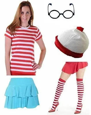 Ladies Where's Wally 5pc Costume Adult Fancy Dress Red & White T-Shirt Women's • £6.99