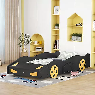 Race Car-Shaped Bed Frame With Wheels Storage Wood Slat Support Platform Bed    • $231.29