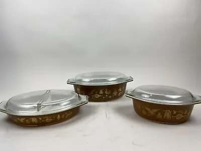 $159.59 • Buy Vtg PYREX Amish Butterprint Roosters/ Eagles Set Of 3 Divided Dishes Brown 945c