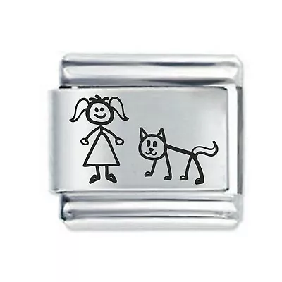 STICK GIRL & CAT Etched * Daisy Charm Compatible With Italian Modular  Bracelets • £4.45