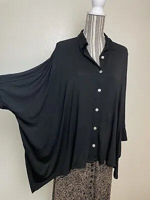 Wynne Layers Blouse Shirt Women Sz M Black Soft Oversized Lagenlook Button • $29.99