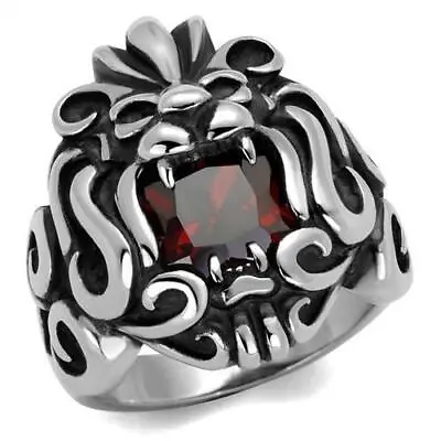 Stainless Steel Lion Head Ring With Square Cubic Zirconia In Garnet • $17.50