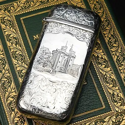 Antique Solid Silver Castle Top Cigar/Cheroot Case - Nathaniel Mills 1844 • £1995