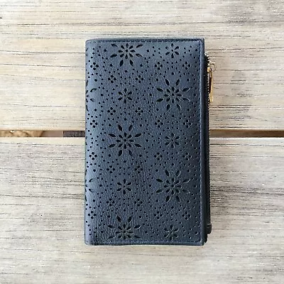 Wallet Purse Black Faux Leather Bi Fold Book Small Cutout Lazer Cut Card Coin • $19.95