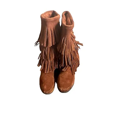 Minnetonka Brown 3 Layer Fringe Tassel Brown Women Boots Size 8 • $20