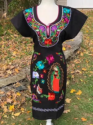 Guadalupe  Virgen Maria Virgin Mary Mexican Dress Embroidered Floral Black L K35 • $34.90