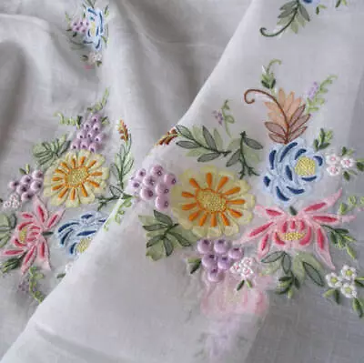 Vintage MADEIRA Organdy Hand Embroidered SHADOW + SATIN STITCH Tablecloth FLORAL • $21.50