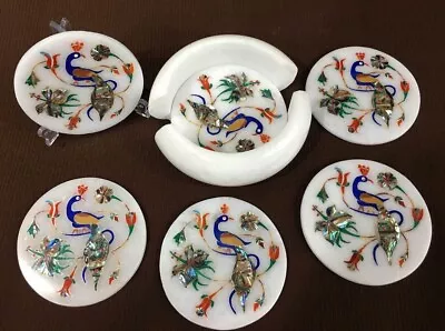 Peacock Design Marble Coaster Set Paua Shell Marquetry Inlay Drinkware Decors • $517.10