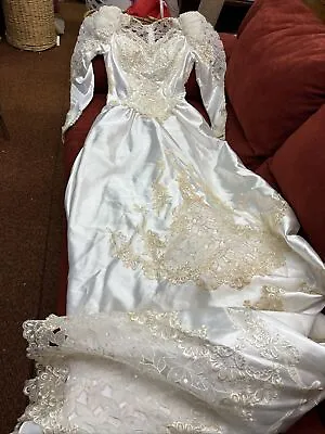 Vintage 1980's Bonny WEDDING DRESS Size 12 Pearls Beaded Long Sleeves Train • $128.48