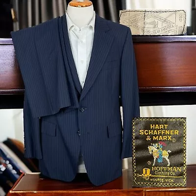 Hart Schaffner Marx 2 Piece Suit Mens 40R 34x30 Blue Stripe Vintage 1970s • $111.10