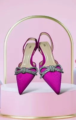 ZARA Kitten High Heel Slingback SPARKLE Shoes RHINESTONE Bow Pink Fuschia Sz 6.5 • $55.99