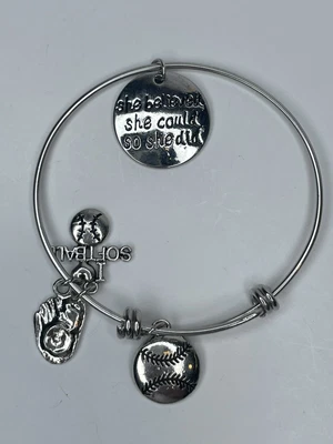 $9.99 • Buy Soft Ball Bangle Bracelet She Believed So She Did Silver Tone Charms Glove Ball