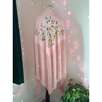 1930s Pink Embroidered Piano Shawl With 15  Long Silk Fringe Antique Daisy Jones • $180