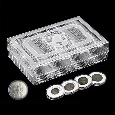 60 Pcs 41mm Round Clear Coin Capsules Holder Container Case With Storage Box • £12.99