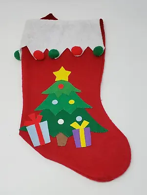 Vintage Christmas Tree Stocking 16  Red Felt & Pom Pom • $5