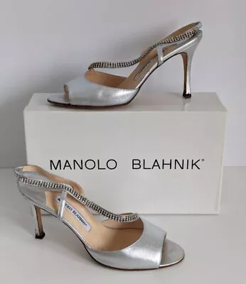 Manolo Blahnik Peep Toe Crystal Embellished Sandal High Heels Size 8.5 • $110
