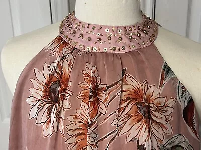 Mlle Gabrielle Pink Floral Sheer Panel Lined Short Sleeveless Dress Sz 3X Beaded • $15