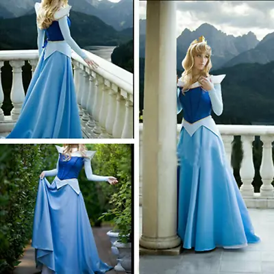 Sleeping Beauty Aurora Blue Satin Princess Dress Cosplay Costume / • $49.20