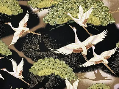 Oriental Cranes Fabric Metallic Heron Stork Bird Gold Black Japanese Chinoiserie • £7.50