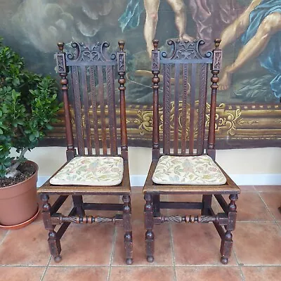 Pair Of Hall Chairs High Back  Country Oak 1860 • £125