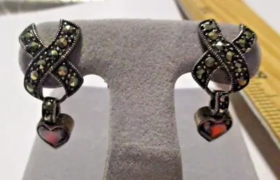 Sterling Marcasite Garnet X Earrings Post Pierced Signed A 925  Heart • $14.99